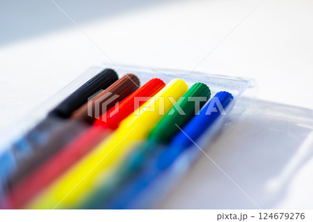 A vibrant assortment of colorful markers neatly organized in a clear case 124679276