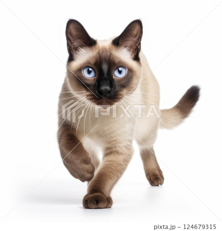 A purebred Siamese cat in motion on a white background 124679315