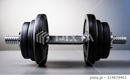dumbbell weight, a single black dumbbell resting horizontally on a dark surface against a blurred beige background, emphasizing fitness and strength 124679461