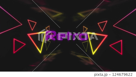 Image of retro text over neon shapes on black background 124679622