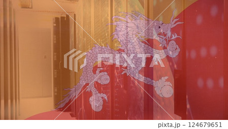 Image of flag of bhutan and digital data processing over computer servers 124679651