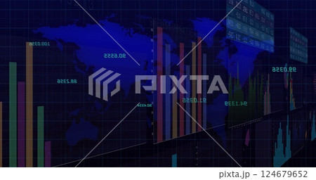 Image of digital data processing and statistics over world map on black background 124679652