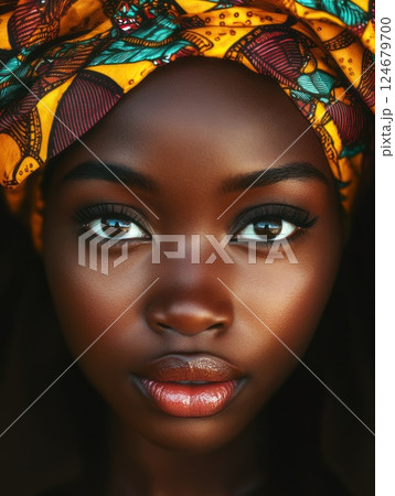 Close up portrait of young Black woman with magnific eyes and perfect skin wearing traditional African clothes, looking at camera, native beauty 124679700