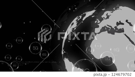 5G and 6G network technology image over digital globe on dark background 124679702