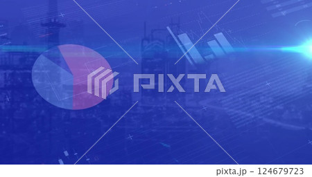 Pie chart and world map image over cityscape with financial data Pie chart and world map image over cityscape with financial data 124679723