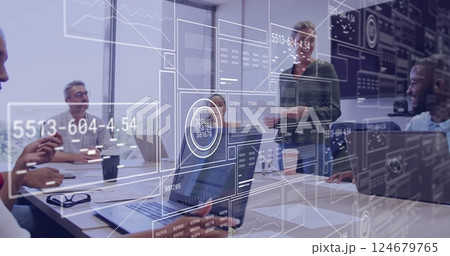 Business meeting with diverse team and data processing image over office setting 124679765