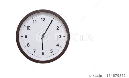 A simple round wall clock with a dark brown frame and a white face displaying 06:05/18:05. Isolated on a white background, perfect for time-related concepts, deadlines, and schedule themes. 124679851