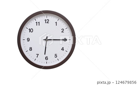 A simple round wall clock with a dark brown frame and a white face displaying 06:15/18:15. Isolated on a white background, perfect for time-related concepts, deadlines, and schedule themes. A simple round wall clock with a dark brown frame and a white face displaying 06:15/18:15. Isolated on a white background, perfect for time-related concepts, deadlines, and schedule themes. 124679856