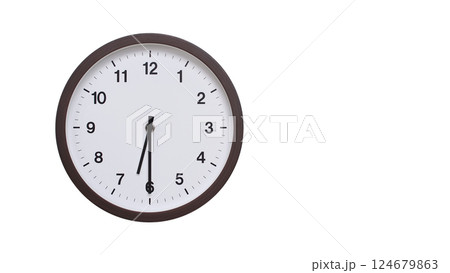 A simple round wall clock with a dark brown frame and a white face displaying 06:30/18:30. Isolated on a white background, perfect for time-related concepts, deadlines, and schedule themes. A simple round wall clock with a dark brown frame and a white face displaying 06:30/18:30. Isolated on a white background, perfect for time-related concepts, deadlines, and schedule themes. 124679863