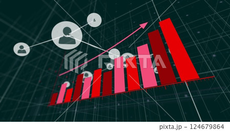 Rising bar graph and upward arrow image over network of connected user icons Rising bar graph and upward arrow image over network of connected user icons 124679864