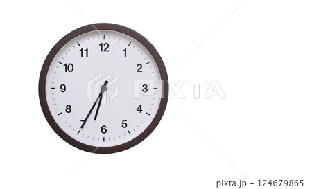 A simple round wall clock with a dark brown frame and a white face displaying 06:35/18:35. Isolated on a white background, perfect for time-related concepts, deadlines, and schedule themes. 124679865