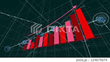 Rising bar chart and upward arrow image over digital grid background 124679874
