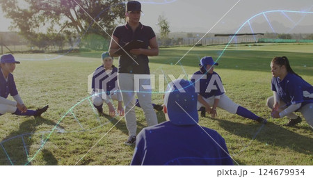 Coach instructing baseball team, data processing image over players on field Coach instructing baseball team, data processing image over players on field 124679934