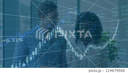 Financial data charts and graphs image over business people analyzing information 124679988