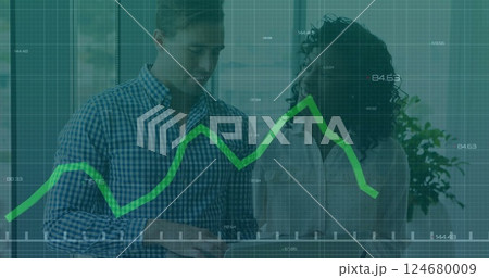 Analyzing financial data, business people with green graph image over them Analyzing financial data, business people with green graph image over them 124680009
