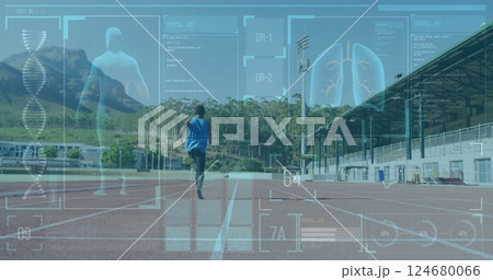 Runner on track with health data and lung analysis image over landscape 124680066