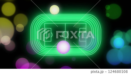 Image of neon football field with glowing spots of light on black background Image of neon football field with glowing spots of light on black background 124680108
