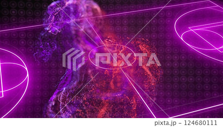 Image of neon basketball court with glowing network of connections Image of neon basketball court with glowing network of connections 124680111
