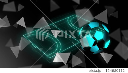 Image of neon sports field with network of connections on black background 124680112