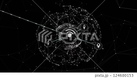 Image of network of connections with icons over globe 124680153