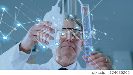 Image of network of connections and data processing over caucasian male scientist in laboratory 124680206