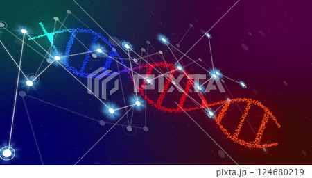 Image of glowing white network of connections over dna strand on dark background 124680219