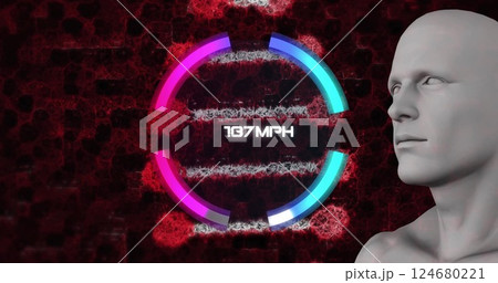 Image of speedometer interface changing speed over dna strand and male avatar head 124680221