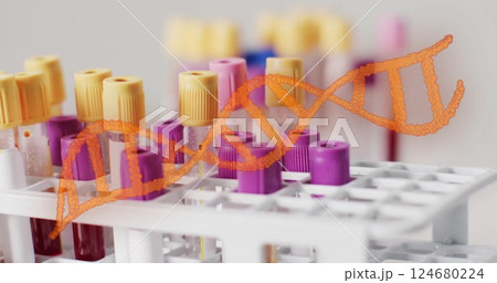 Image of orange dna strand over blood sample test tubes in rack 124680224