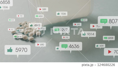 Image of social media notifications over tablets spilling from pill bottle 124680226
