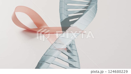 DNA strand image over pink ribbon, symbolizing cancer awareness 124680229