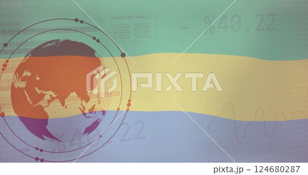 Image of flag of gabon over globe, charts and processing data 124680287
