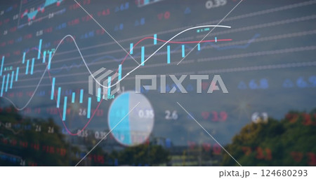 Image of diagrams and data processing over cityscape Image of diagrams and data processing over cityscape 124680293