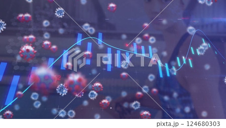 Image of red and blue virus cells and graph processing over asian woman at gym Image of red and blue virus cells and graph processing over asian woman at gym 124680303
