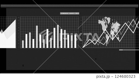 Image of white graphs and charts processing data on black background Image of white graphs and charts processing data on black background 124680323