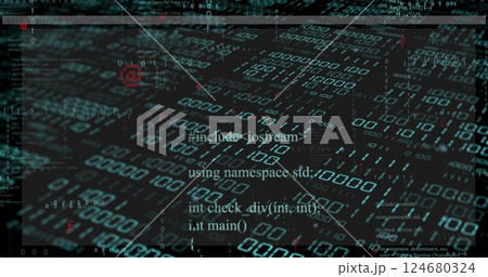 Image of layers of text and binary data processing on black background Image of layers of text and binary data processing on black background 124680324