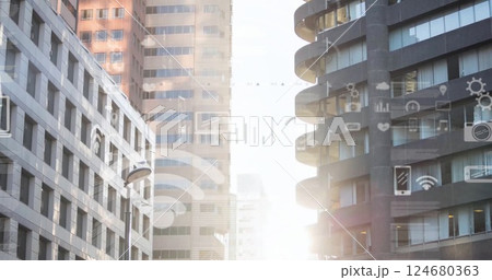 Image of financial data processing over cityscape 124680363
