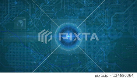 Image of circuit board and digital data processing over blue background 124680364