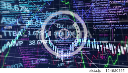 Image of circular scanner with charts and processing data on dark background 124680365