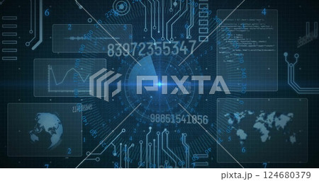 Image of circuit board and digital data processing over black background Image of circuit board and digital data processing over black background 124680379