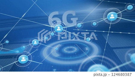 Image of 6g text, network of connections with icons over scope 124680387