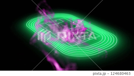 Image of glowing light trails moving over sports stadium on black background Image of glowing light trails moving over sports stadium on black background 124680463