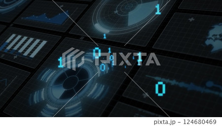 Image of digital data processing and binary coding over black background 124680469