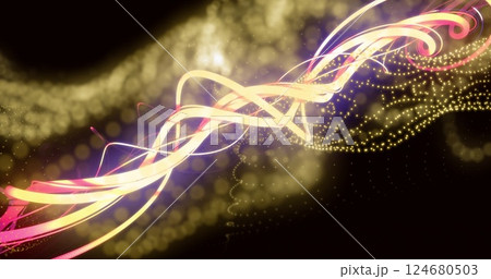 Image of glowing light trails moving over yellow mesh on black background Image of glowing light trails moving over yellow mesh on black background 124680503