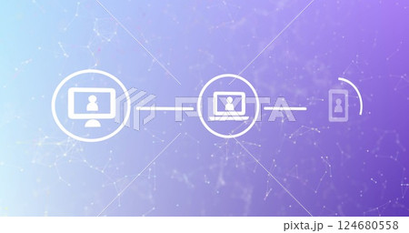 Image of network of connections with icons over purple background 124680558
