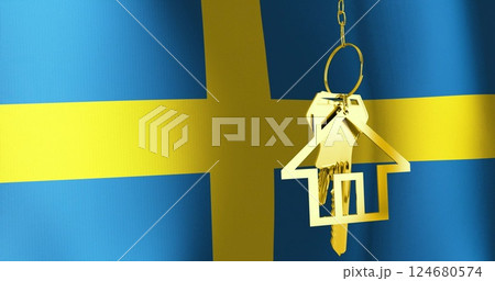 Image of golden house key over waving flag of sweden 124680574