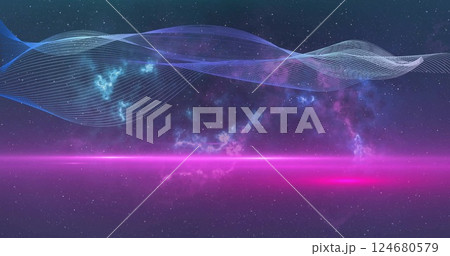 Image of glowing light trails and mesh moving over black background Image of glowing light trails and mesh moving over black background 124680579