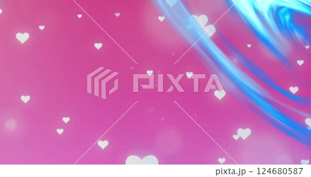 Image of white hearts falling over glowing light trails moving background 124680587