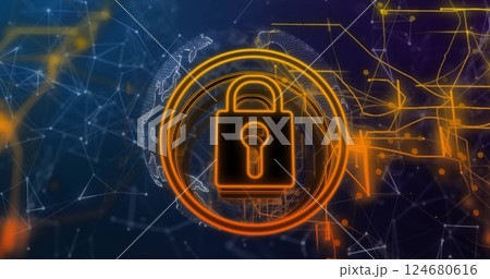 Image of padlock and connections over globe 124680616