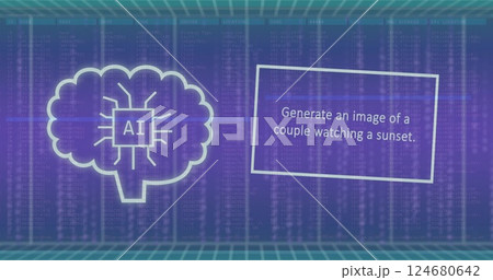 Image of ai brain and data processing over grid 124680642