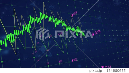 Image of financial data processing over molecules on black background Image of financial data processing over molecules on black background 124680655